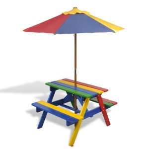 Kids’ Picnic Table with Benches and Parasol Multicolour Wood
