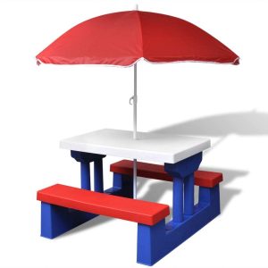 Kids’ Picnic Table with Benches and Parasol Multicolour