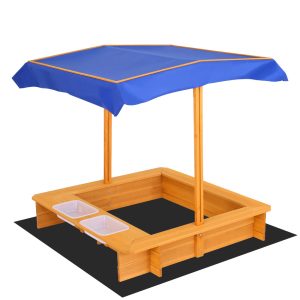 Kids Sandpit Wooden Sandbox Sand Pit with Canopy Water Basin Toys 103cm