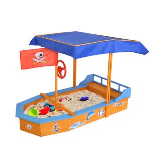 Kids Sandpit Wooden Boat Sand Pit with Canopy Bench Seat Beach Toys 150cm