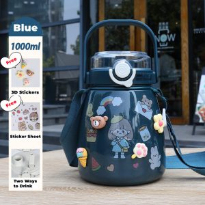 1000ml Large Water Bottle Stainless Steel Straw Water Jug with FREE Sticker Packs – Blue