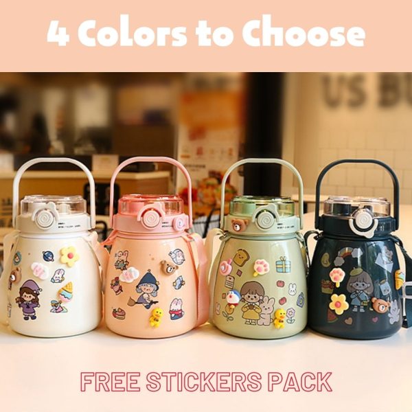 1000ml Large Water Bottle Stainless Steel Straw Water Jug with FREE Sticker Packs – Pink