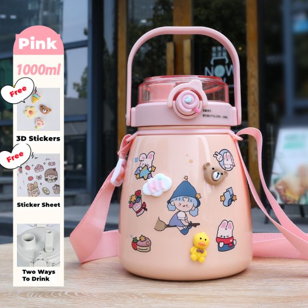 1000ml Large Water Bottle Stainless Steel Straw Water Jug with FREE Sticker Packs – Pink