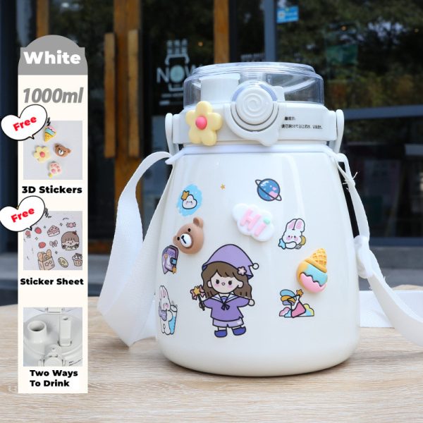 1000ml Large Water Bottle Stainless Steel Straw Water Jug with FREE Sticker Packs – White
