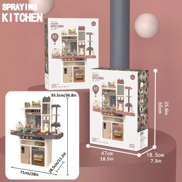 65pcs 93cm Children Kitchen Kitchenware Play Toy Simulation Steam Spray Cooking Set Cookware Tableware Gift – Grey