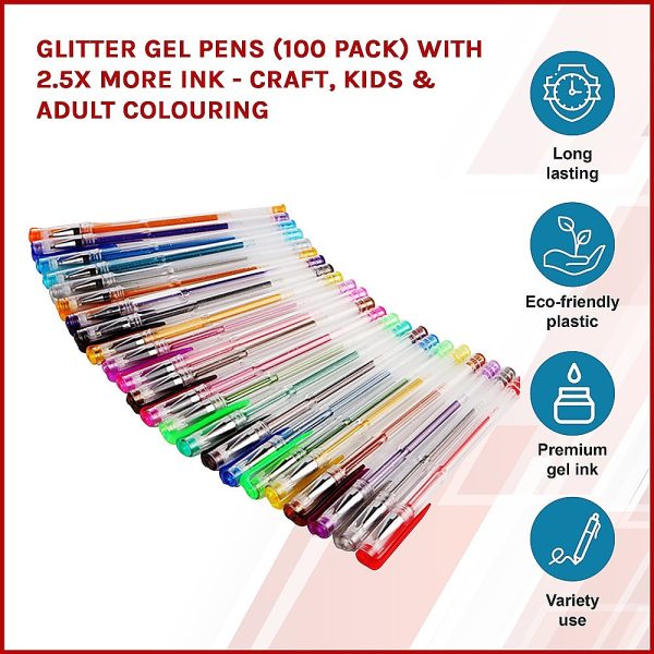 Glitter Gel Pens (100 pack) with 2.5X More Ink – Craft, Kids & Adult Colouring