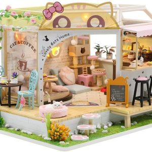 Dollhouse Miniature with Furniture Kit Plus Dust Proof and Music Movement - Cat Coffee (Valentine's Day Gift Idea)