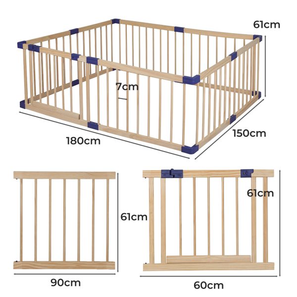 Kids Playpen Wooden Baby Safety Gate Fence Child Play Game Toy Security – 150 x 180 x 61 cm