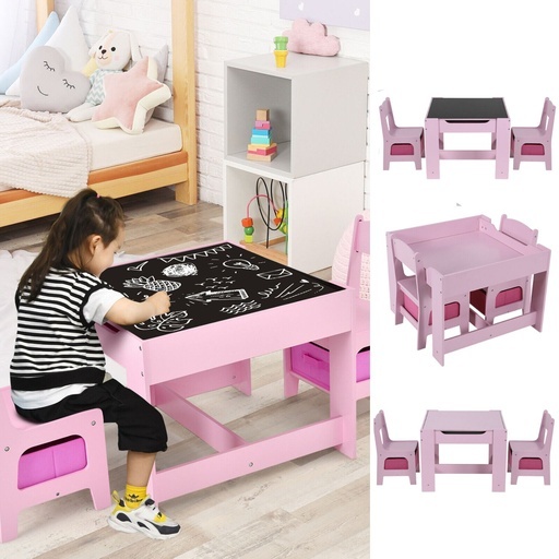 3PCS Kids Table and Chairs Set with Black Chalkboard (Pink)