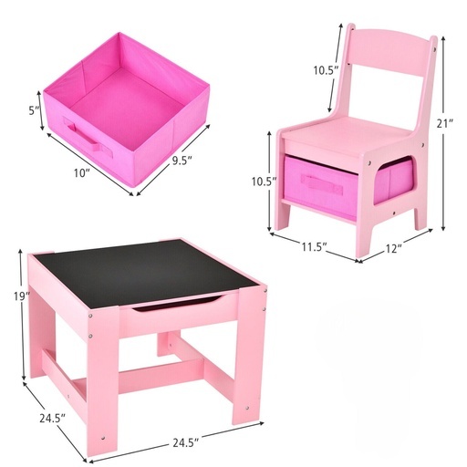 3PCS Kids Table with Lego Baseplate and Chairs Set with Black Chalkboard (Pink)