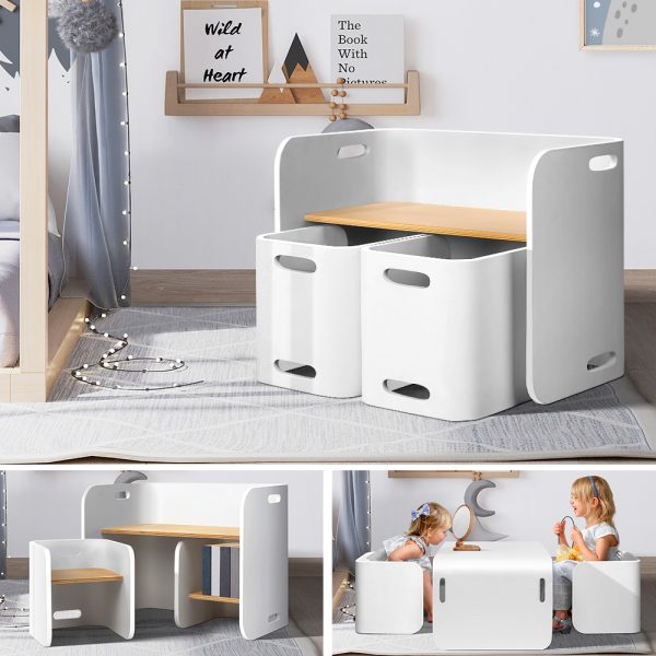 3 PC Nordic Kids Table Chair Set Beige Desk Activity Compact Children – White and Nature