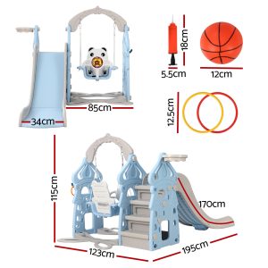 Kids Slide Swing Set Basketball Hoop Rings Outdoor Playground 170cm Blue