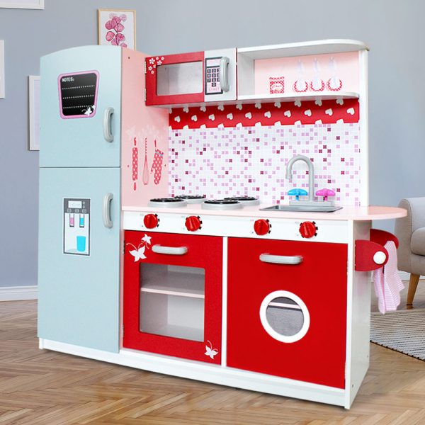 Kids Kitchen Play Set Wooden Pretend Toys Cooking Children Fridge Oven Red