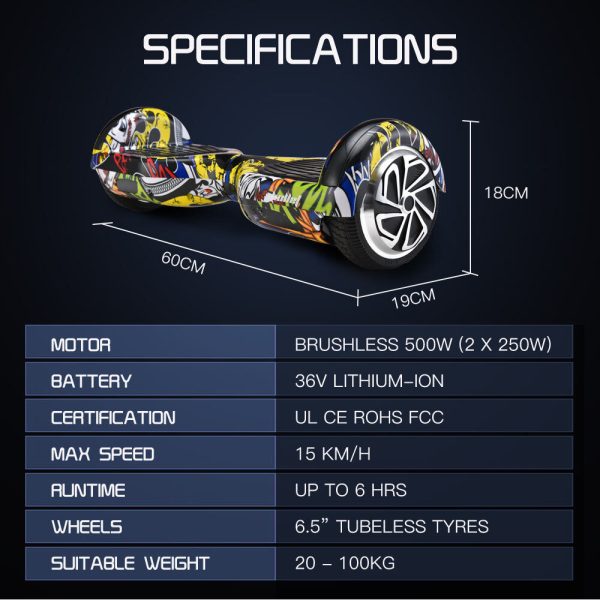 BULLET Electric Hoverboard Scooter 6.5 Inch Wheels, Colour LED Lighting, Carry Bag, Gen III – Hiphop design