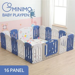 Foldable Baby Playpen with 16 Panels (White Blue)